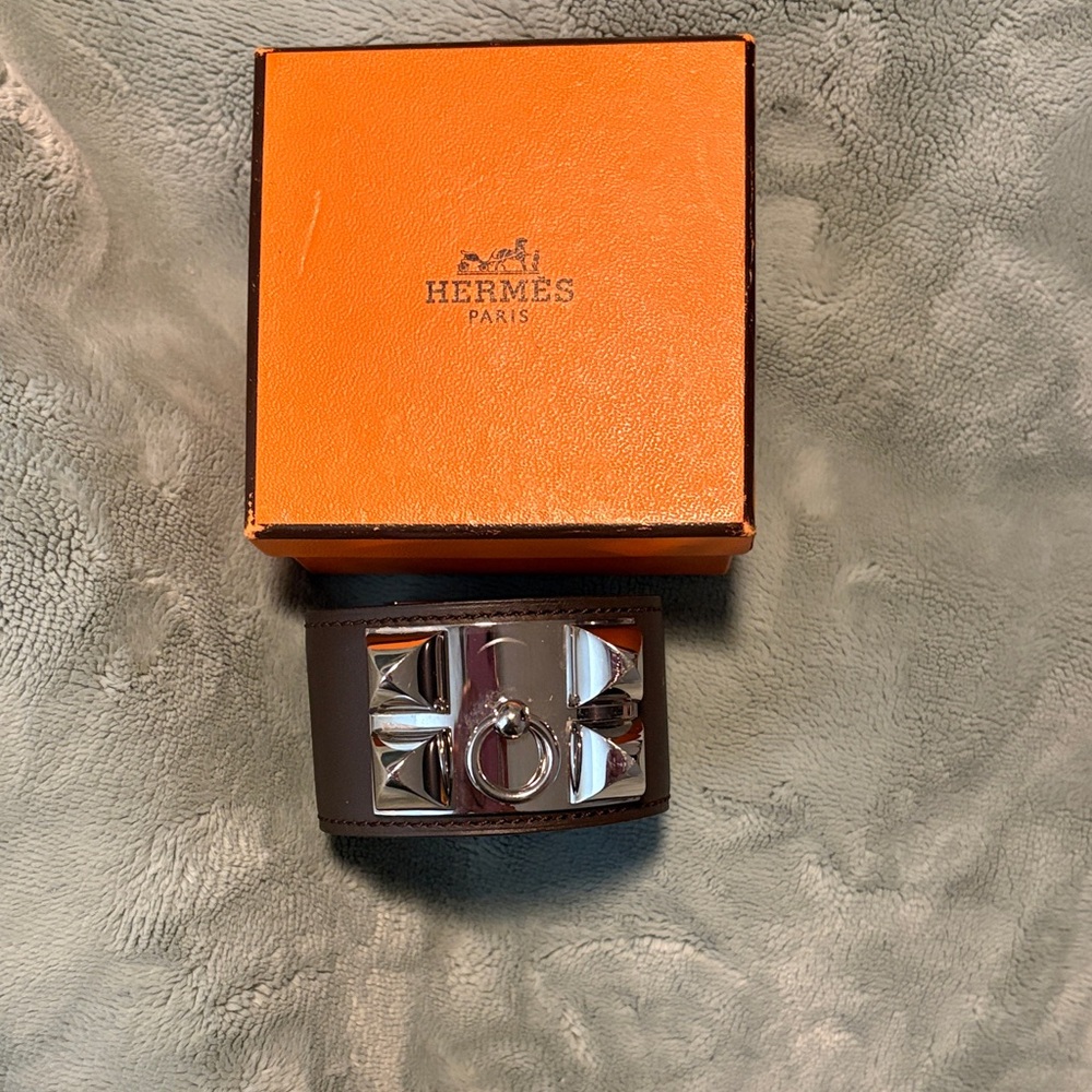 Hermes  studded leather Chien Leather Bracelet in Brown with Palladium Hardware